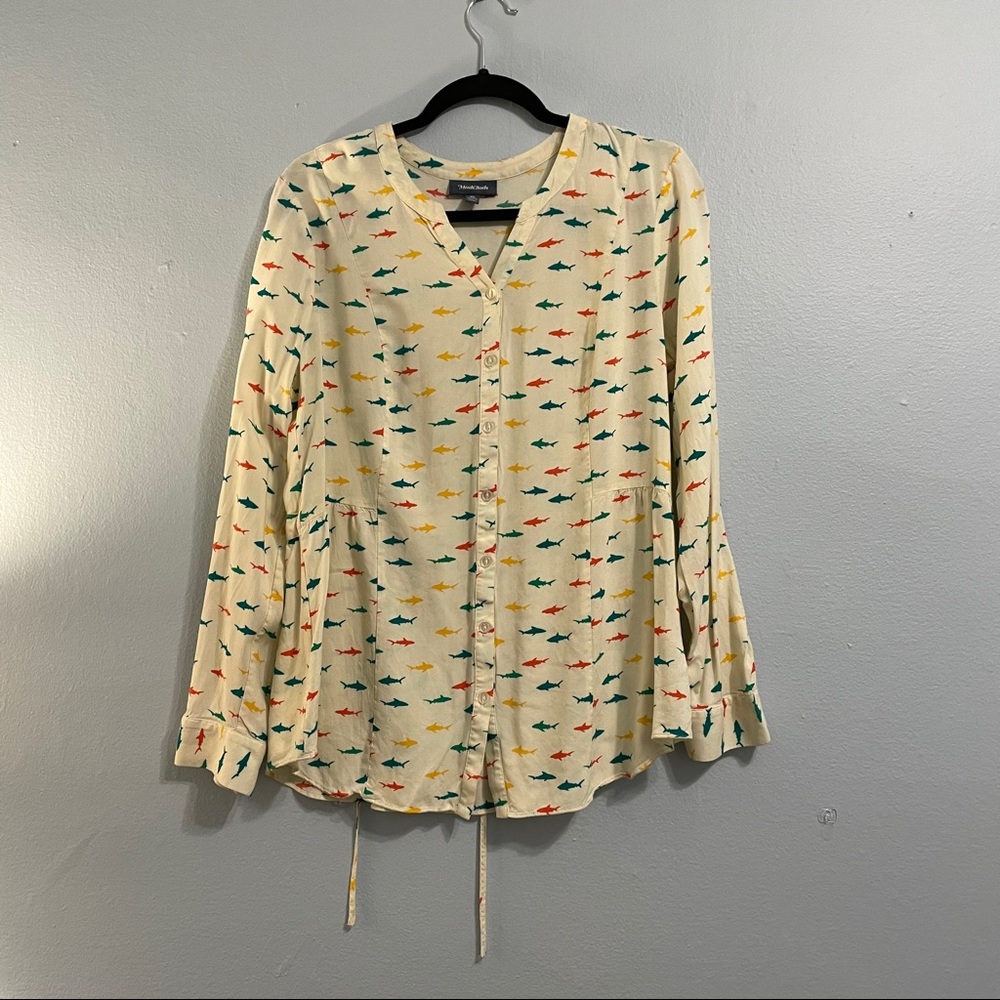 Modcloth Cream Blouse with Teal, Red, and Yellow Shark Print - Picture 4 of 4